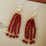 Natural Pearl & Red Agate & Black Agate Tassel Earrings - floysun