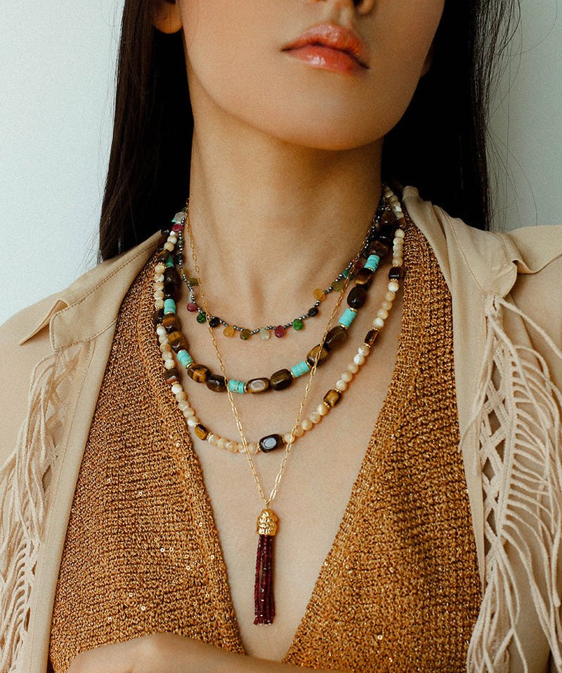 Natural Shell & Tiger Eye Stone Necklace – Earthy Boho Chic - floysun