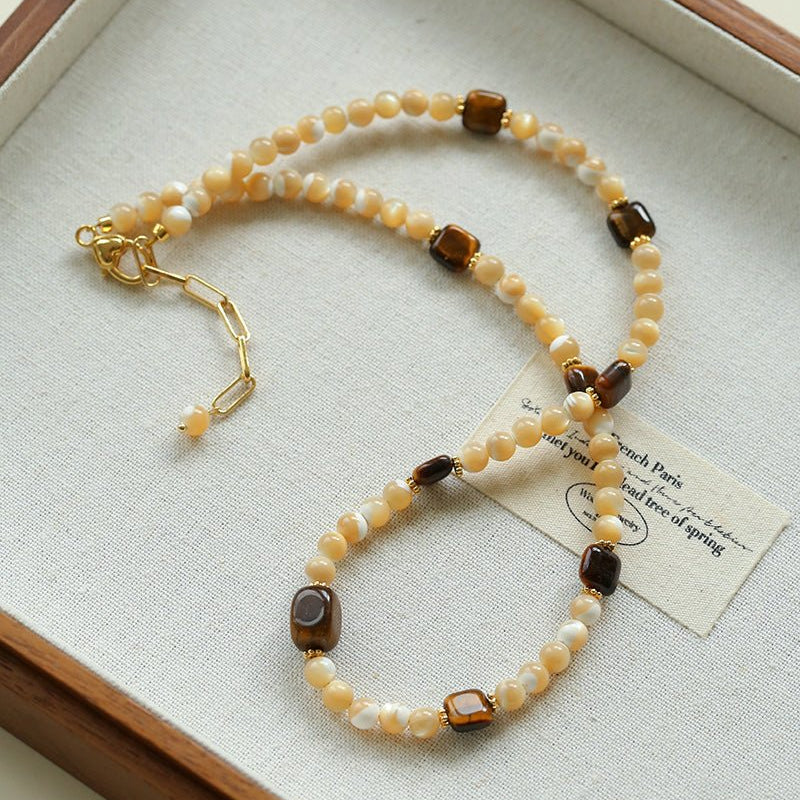 Natural Shell & Tiger Eye Stone Necklace – Earthy Boho Chic - floysun