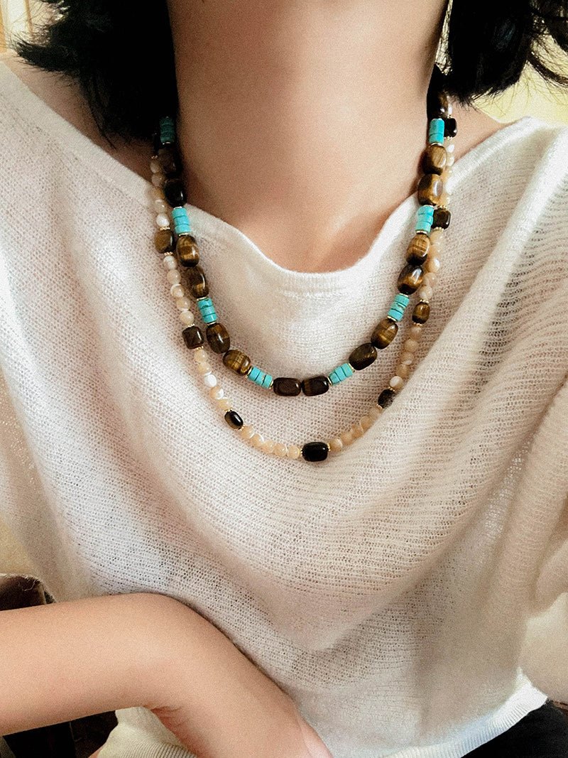 Natural Shell & Tiger Eye Stone Necklace – Earthy Boho Chic - floysun