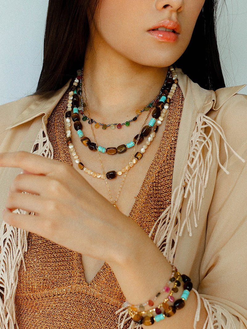 Natural Shell & Tiger Eye Stone Necklace – Earthy Boho Chic - floysun