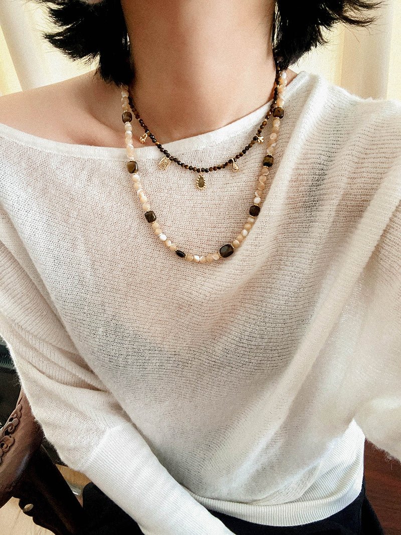 Natural Shell & Tiger Eye Stone Necklace – Earthy Boho Chic - floysun