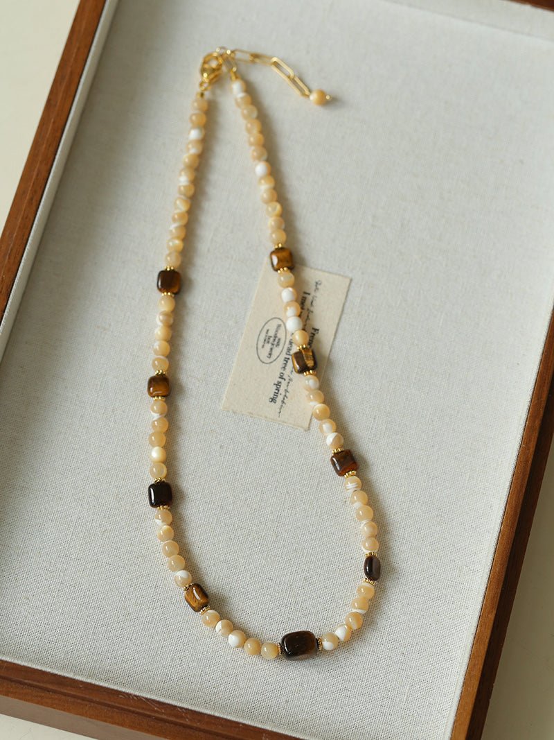 Natural Shell & Tiger Eye Stone Necklace – Earthy Boho Chic - floysun
