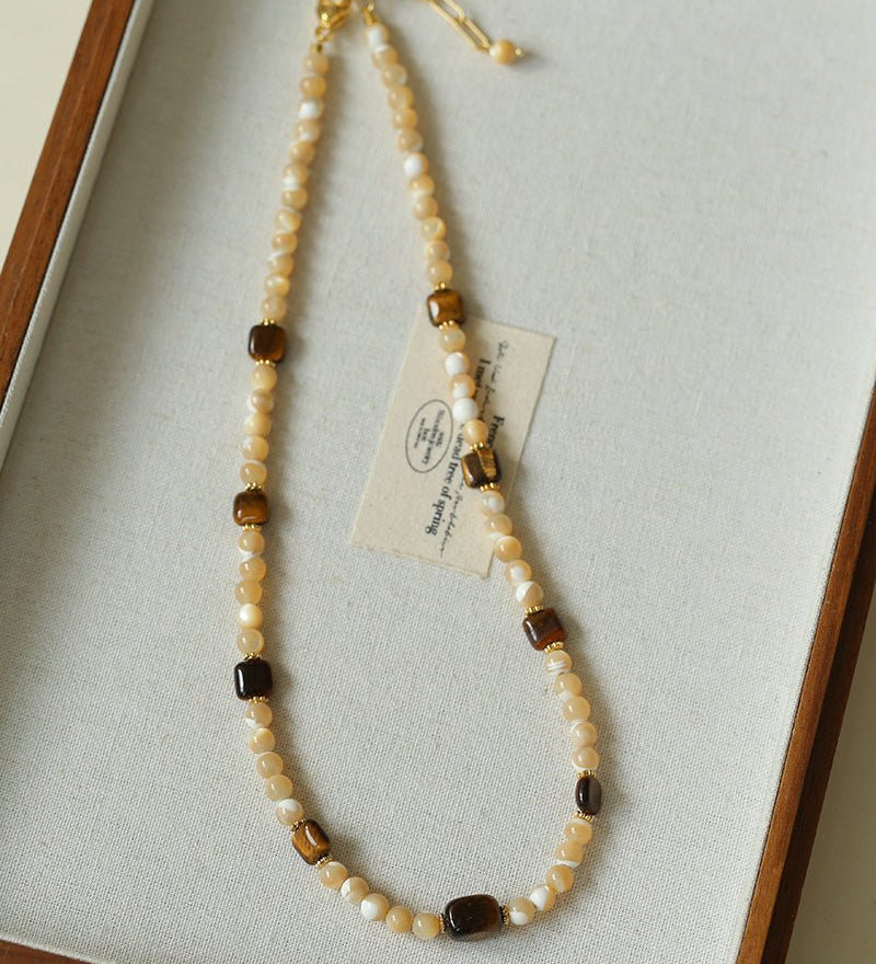 Natural Shell & Tiger Eye Stone Necklace – Earthy Boho Chic - floysun