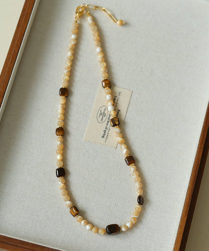 Natural Shell & Tiger Eye Stone Necklace – Earthy Boho Chic - floysun
