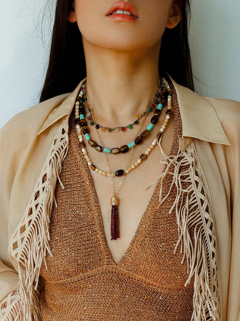 Natural Shell & Tiger Eye Stone Necklace – Earthy Boho Chic - floysun