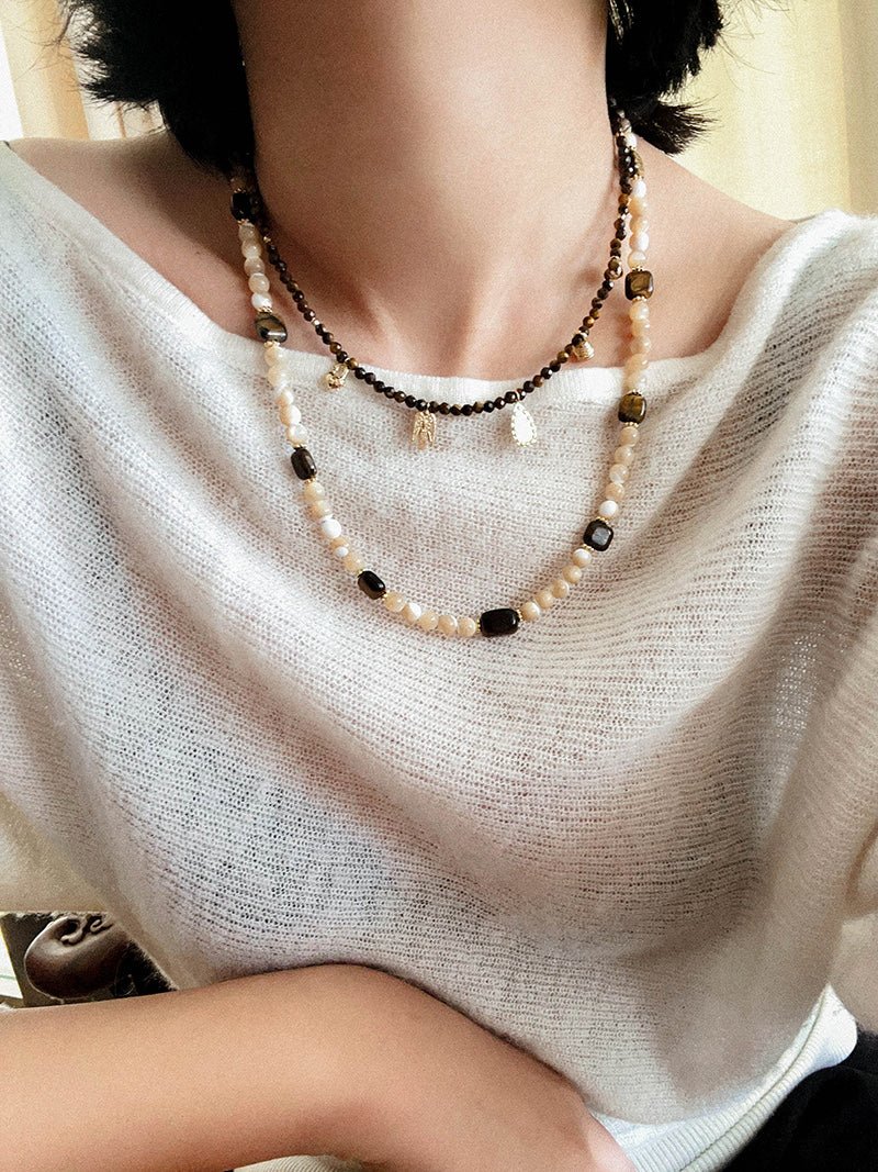 Natural Shell & Tiger Eye Stone Necklace – Earthy Boho Chic - floysun