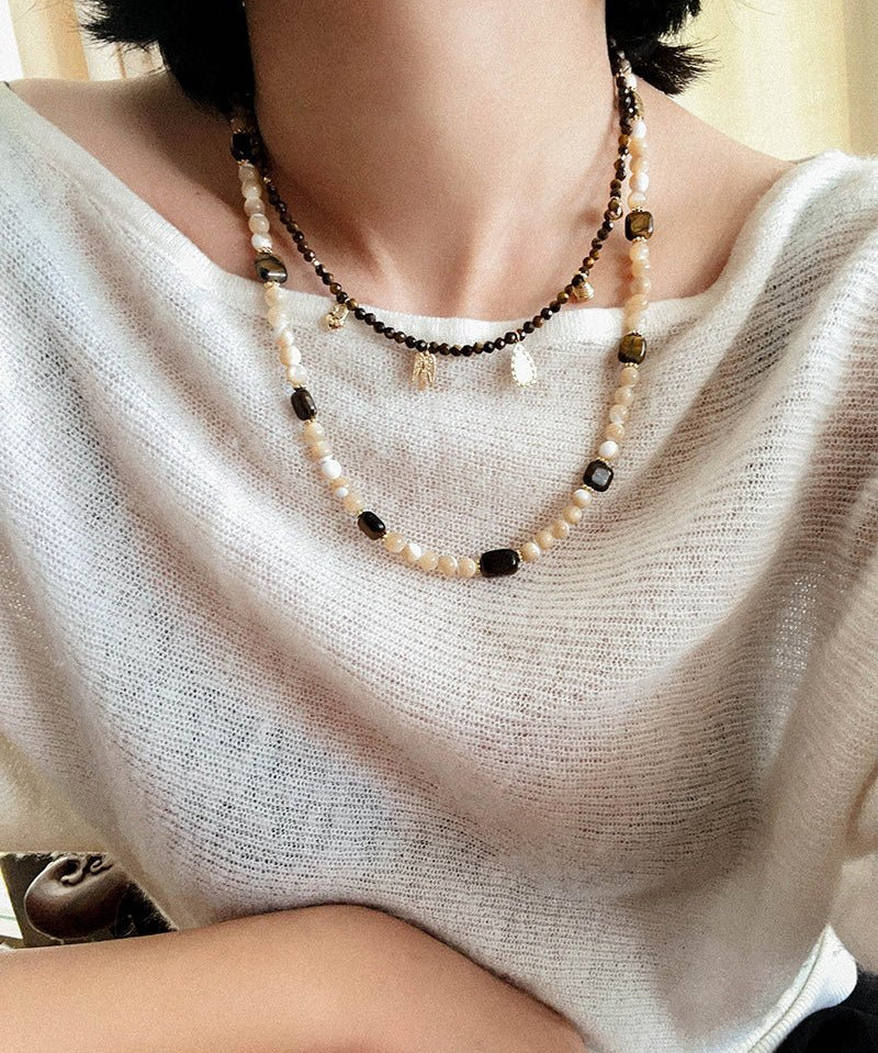 Natural Shell & Tiger Eye Stone Necklace – Earthy Boho Chic - floysun