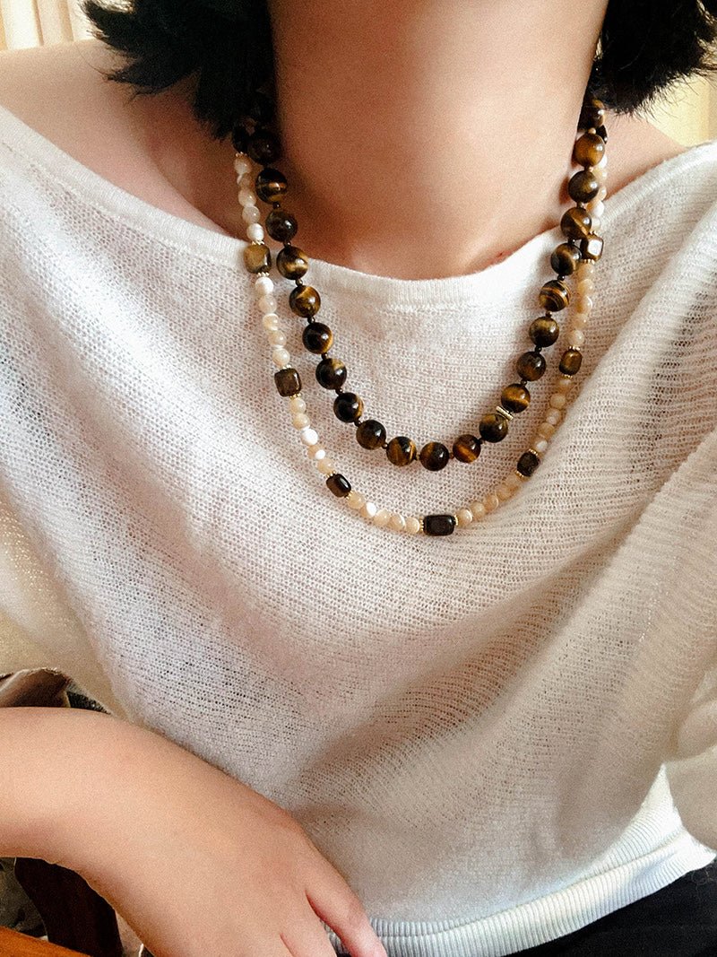 Natural Shell & Tiger Eye Stone Necklace – Earthy Boho Chic - floysun