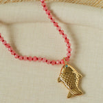 Natural Stone Bead / Plain Metal Chain Gold Fish Pendant Long Necklace - floysun