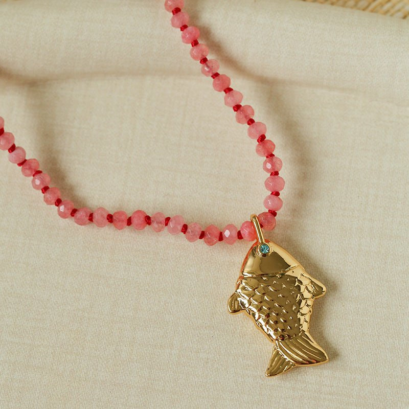 Natural Stone Bead / Plain Metal Chain Gold Fish Pendant Long Necklace - floysun