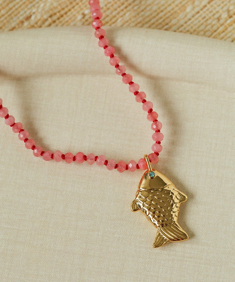 Natural Stone Bead / Plain Metal Chain Gold Fish Pendant Long Necklace - floysun