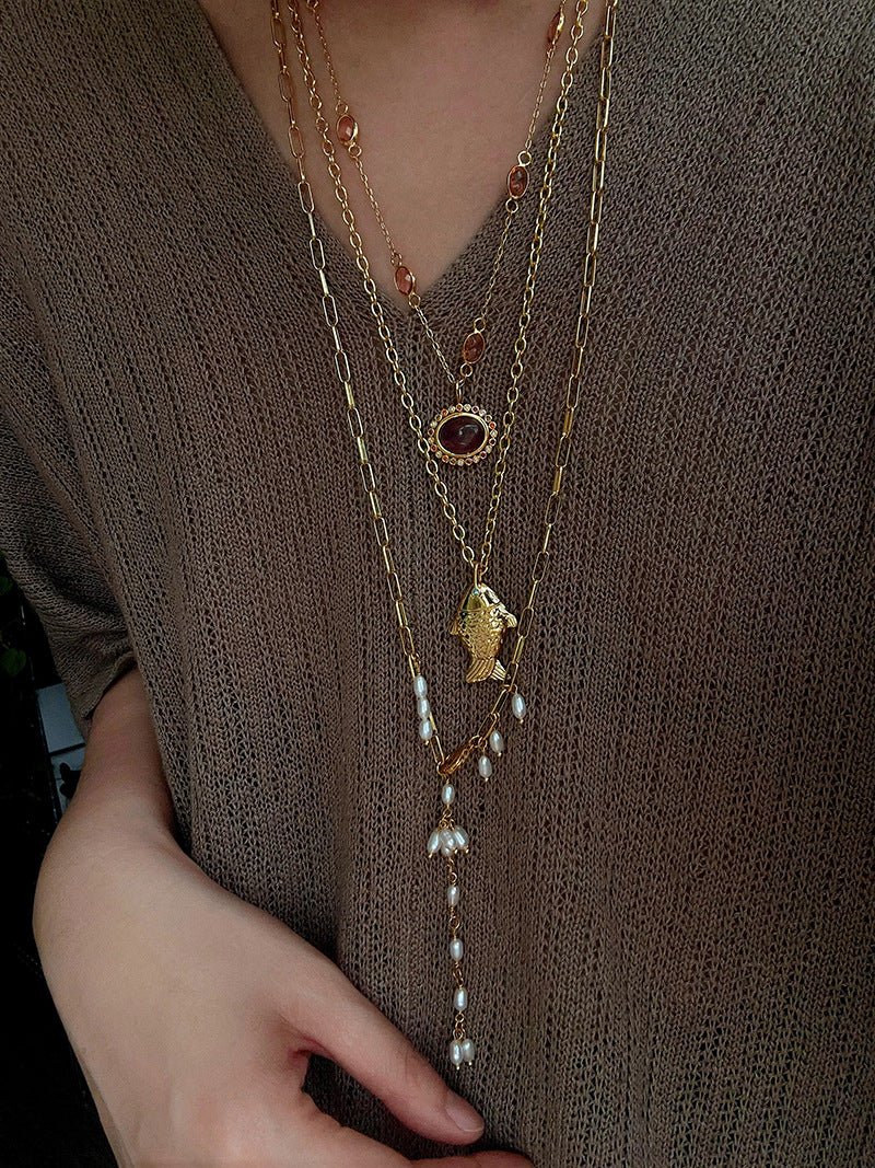 Natural Stone Bead / Plain Metal Chain Gold Fish Pendant Long Necklace - floysun