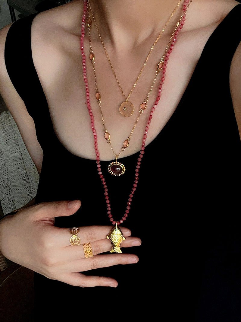 Natural Stone Bead / Plain Metal Chain Gold Fish Pendant Long Necklace - floysun