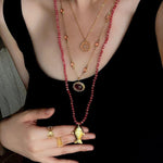 Natural Stone Bead / Plain Metal Chain Gold Fish Pendant Long Necklace - floysun