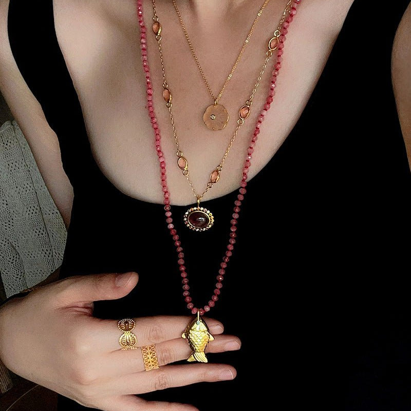 Natural Stone Bead / Plain Metal Chain Gold Fish Pendant Long Necklace - floysun