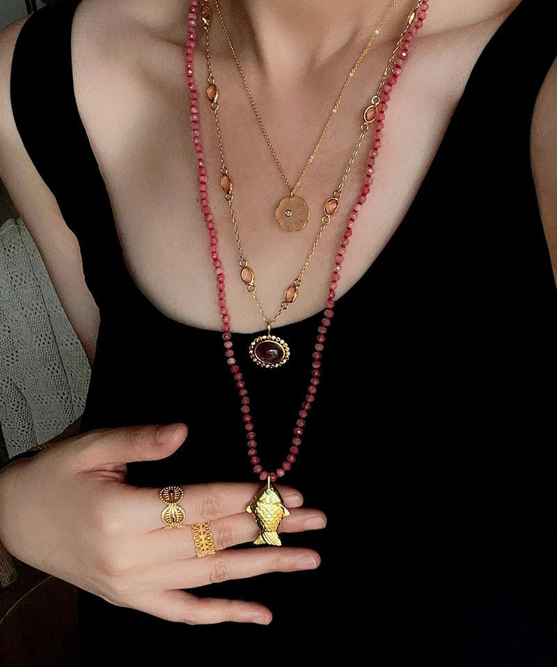 Natural Stone Bead / Plain Metal Chain Gold Fish Pendant Long Necklace - floysun
