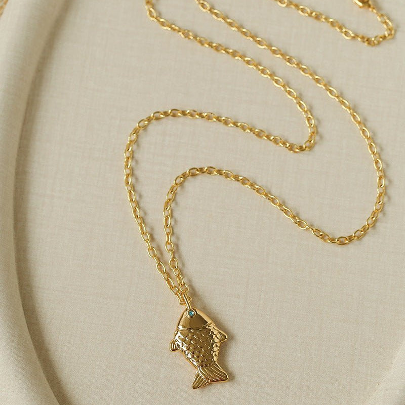 Natural Stone Bead / Plain Metal Chain Gold Fish Pendant Long Necklace - floysun