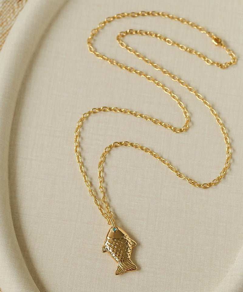 Natural Stone Bead / Plain Metal Chain Gold Fish Pendant Long Necklace - floysun