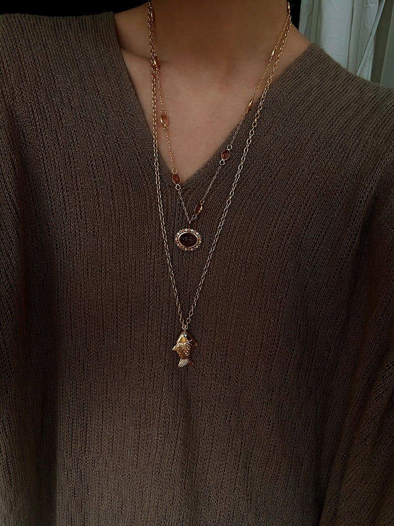 Natural Stone Bead / Plain Metal Chain Gold Fish Pendant Long Necklace - floysun