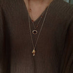 Natural Stone Bead / Plain Metal Chain Gold Fish Pendant Long Necklace - floysun