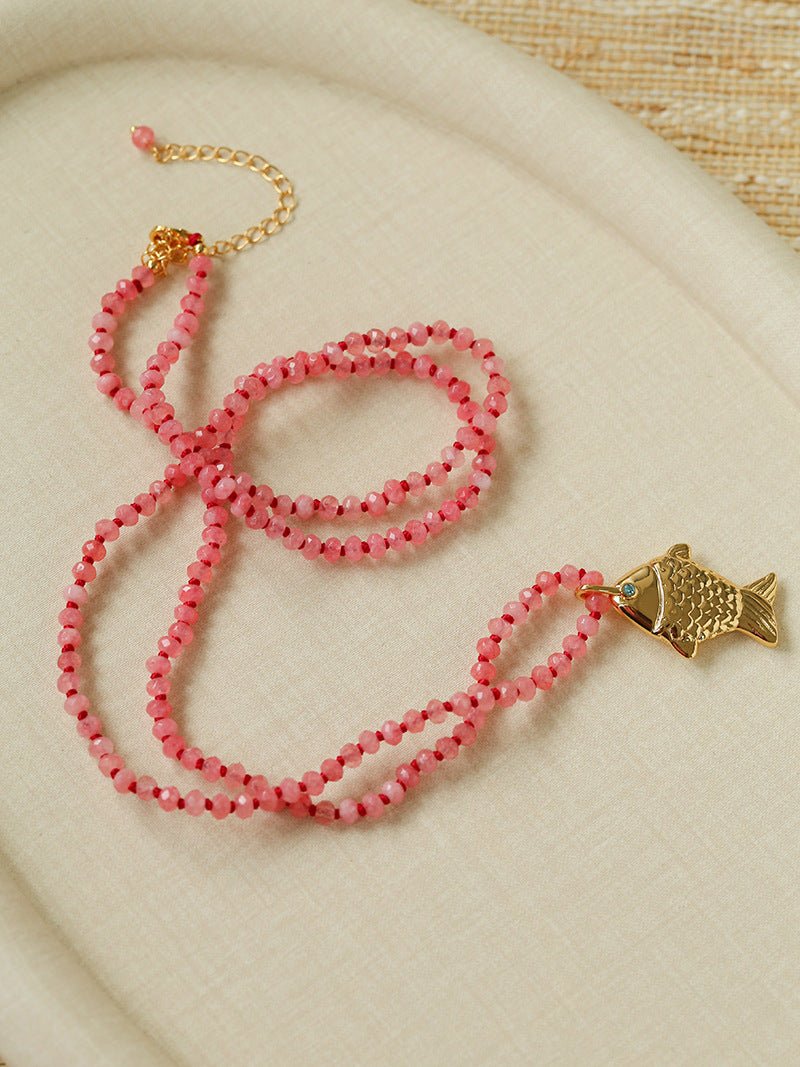 Natural Stone Bead / Plain Metal Chain Gold Fish Pendant Long Necklace - floysun