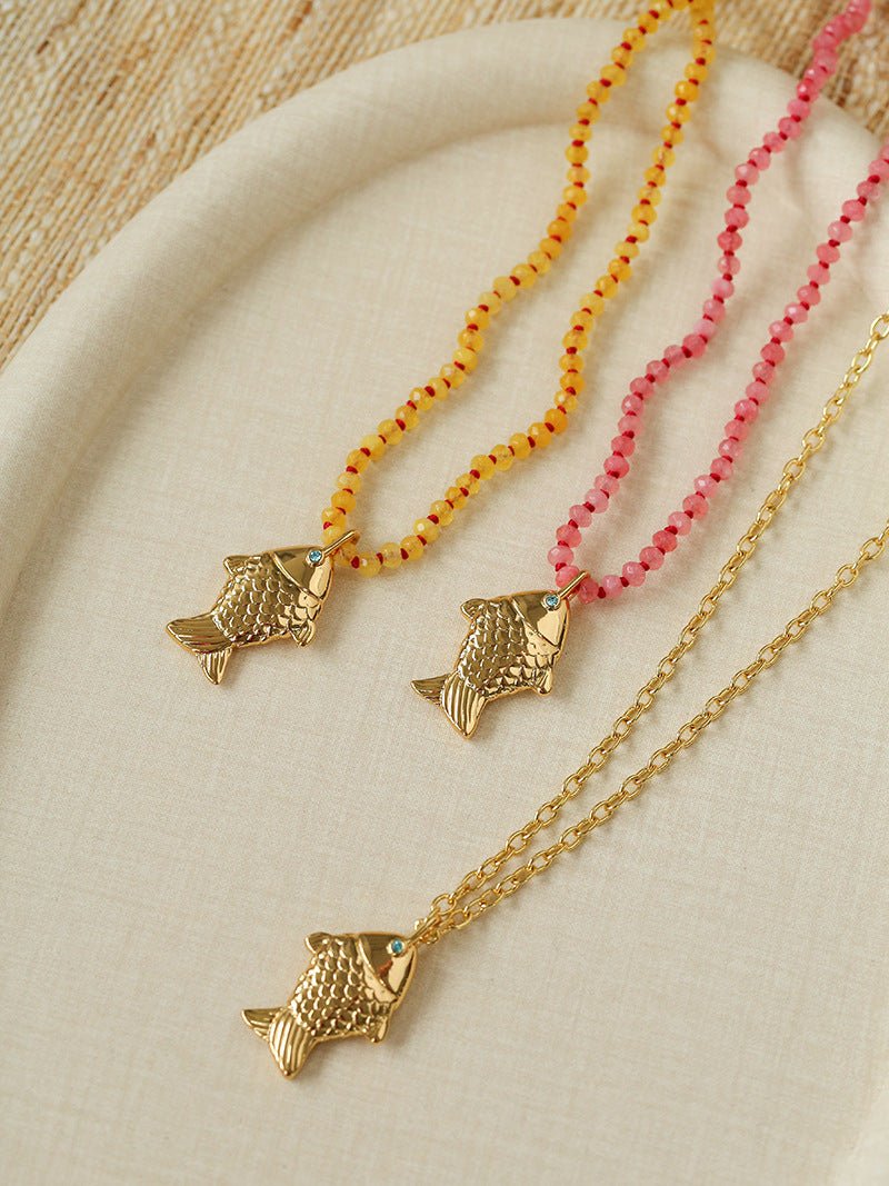 Natural Stone Bead / Plain Metal Chain Gold Fish Pendant Long Necklace - floysun