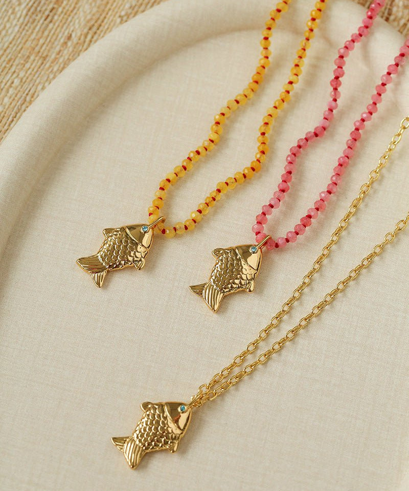 Natural Stone Bead / Plain Metal Chain Gold Fish Pendant Long Necklace - floysun