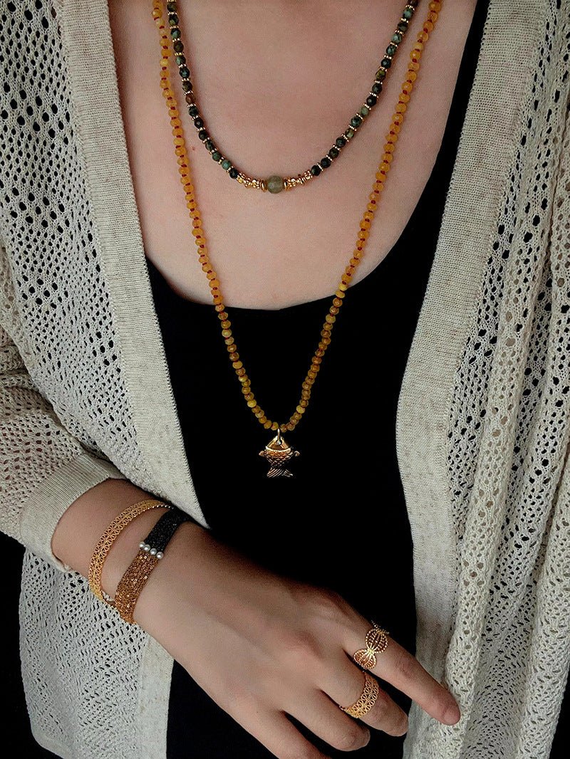 Natural Stone Bead / Plain Metal Chain Gold Fish Pendant Long Necklace - floysun