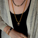 Natural Stone Bead / Plain Metal Chain Gold Fish Pendant Long Necklace - floysun