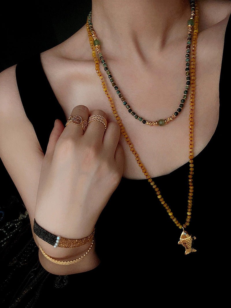 Natural Stone Bead / Plain Metal Chain Gold Fish Pendant Long Necklace - floysun