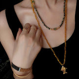Natural Stone Bead / Plain Metal Chain Gold Fish Pendant Long Necklace - floysun