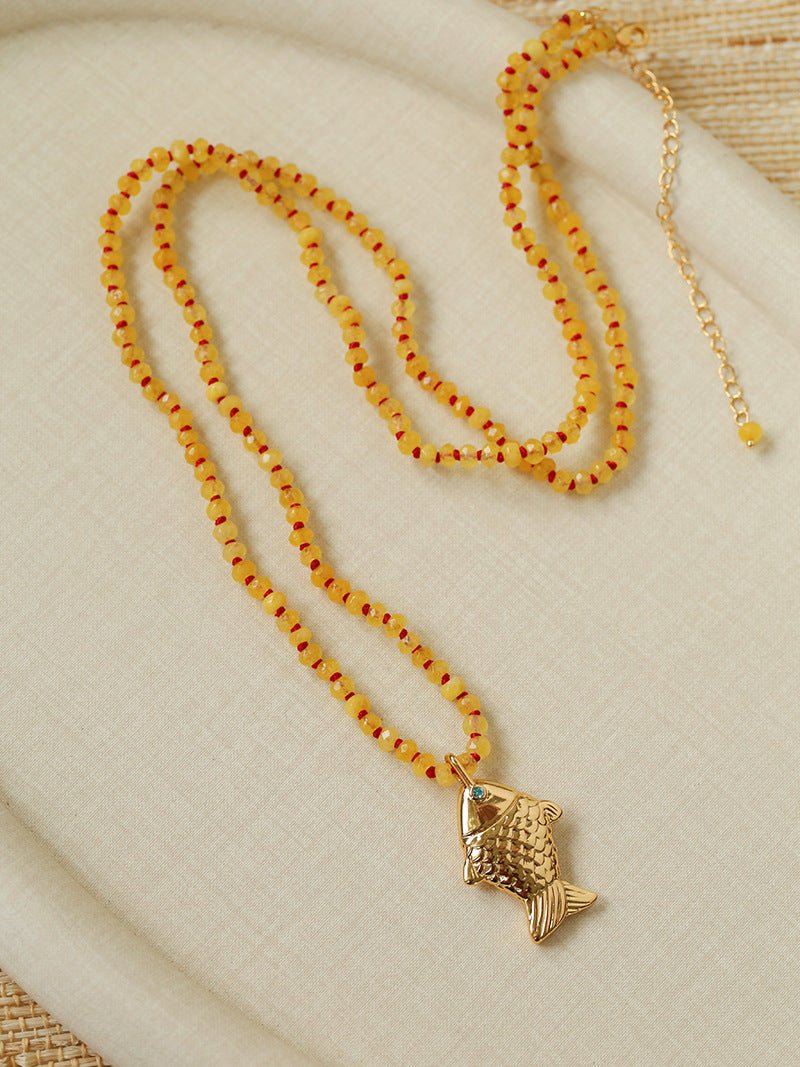 Natural Stone Bead / Plain Metal Chain Gold Fish Pendant Long Necklace - floysun