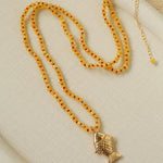 Natural Stone Bead / Plain Metal Chain Gold Fish Pendant Long Necklace - floysun