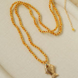 Natural Stone Bead / Plain Metal Chain Gold Fish Pendant Long Necklace - floysun