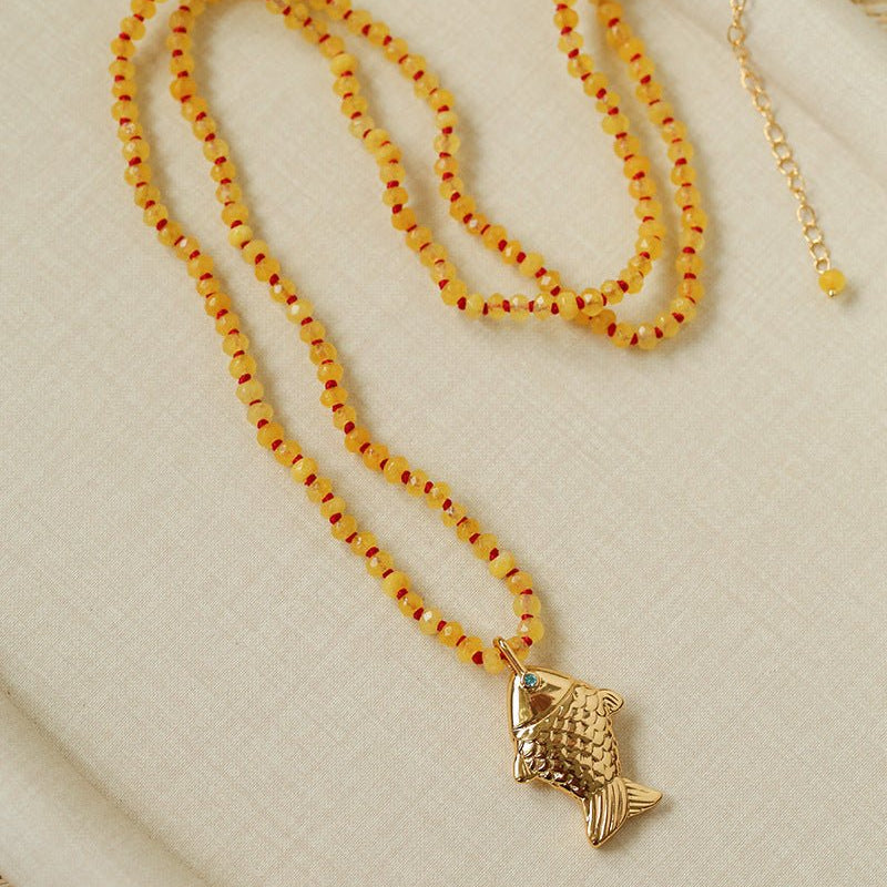 Natural Stone Bead / Plain Metal Chain Gold Fish Pendant Long Necklace - floysun