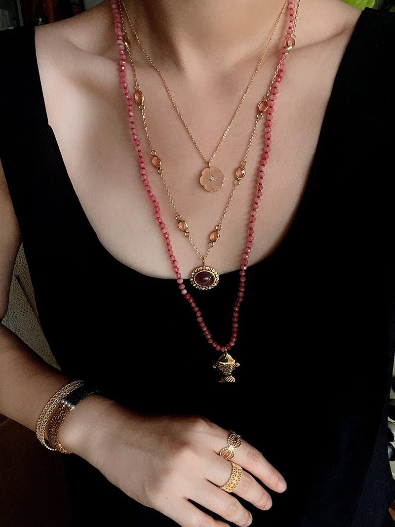 Natural Stone Bead / Plain Metal Chain Gold Fish Pendant Long Necklace - floysun