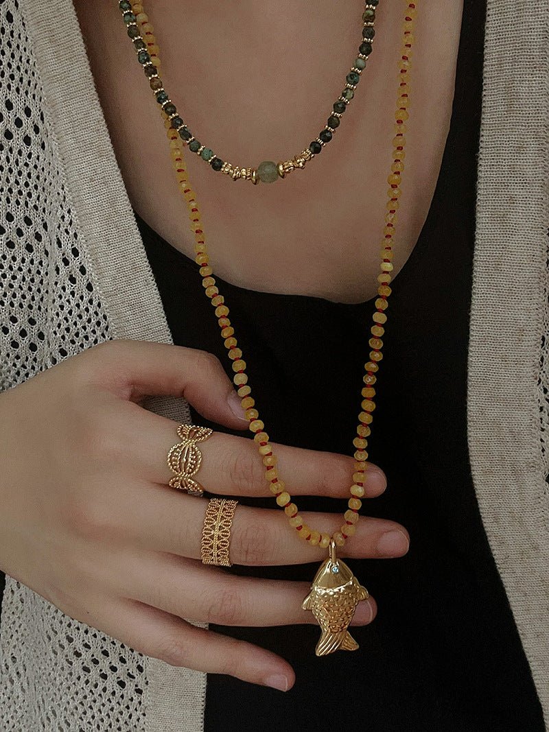 Natural Stone Bead / Plain Metal Chain Gold Fish Pendant Long Necklace - floysun