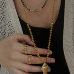 Natural Stone Bead / Plain Metal Chain Gold Fish Pendant Long Necklace - floysun