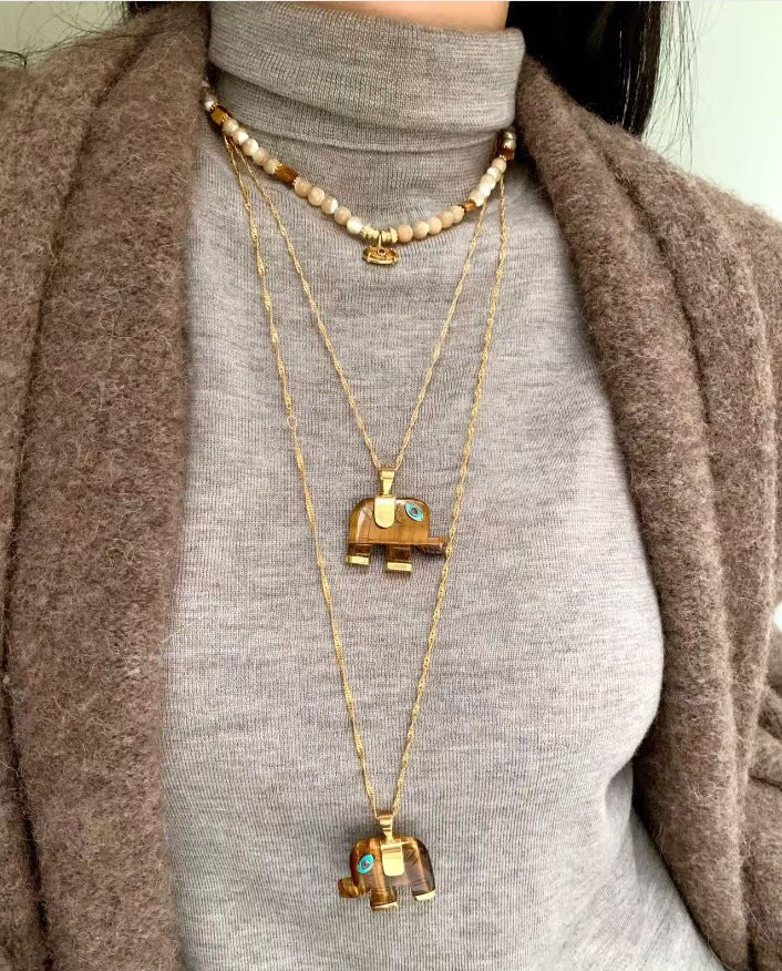 Natural Stone Elephant Pendant Necklace Tiger’s Eye / Green Aventurine - floysun
