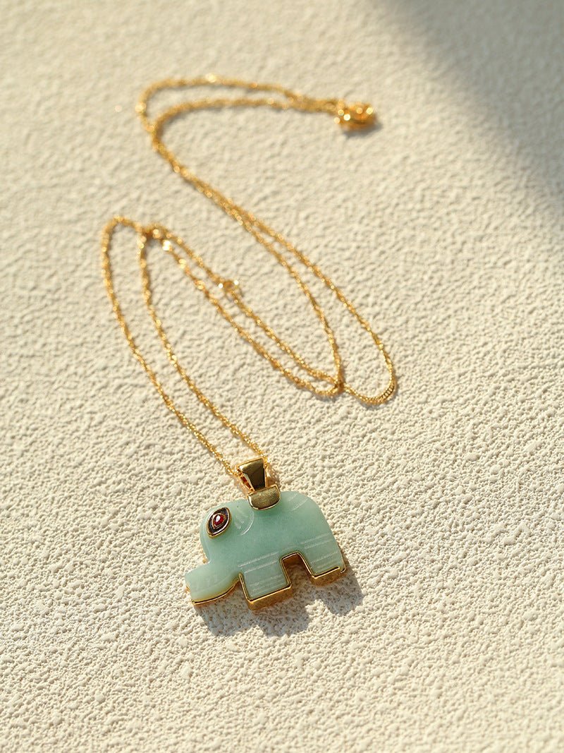 Natural Stone Elephant Pendant Necklace Tiger’s Eye / Green Aventurine - floysun