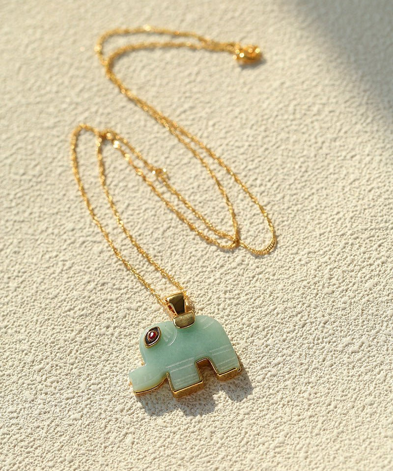 Natural Stone Elephant Pendant Necklace Tiger’s Eye / Green Aventurine - floysun