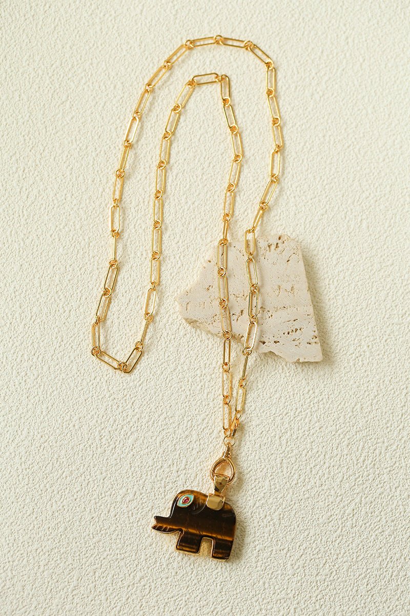 Natural Stone Elephant Pendant Necklace Tiger’s Eye / Green Aventurine - floysun