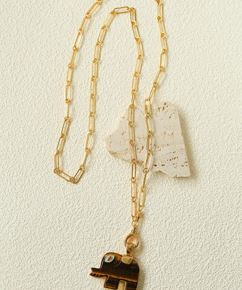 Natural Stone Elephant Pendant Necklace Tiger’s Eye / Green Aventurine - floysun