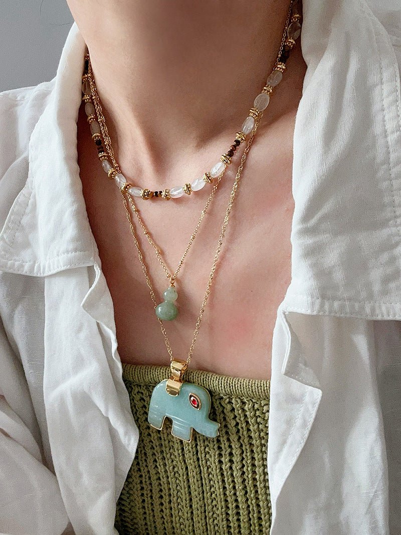 Natural Stone Elephant Pendant Necklace Tiger’s Eye / Green Aventurine - floysun