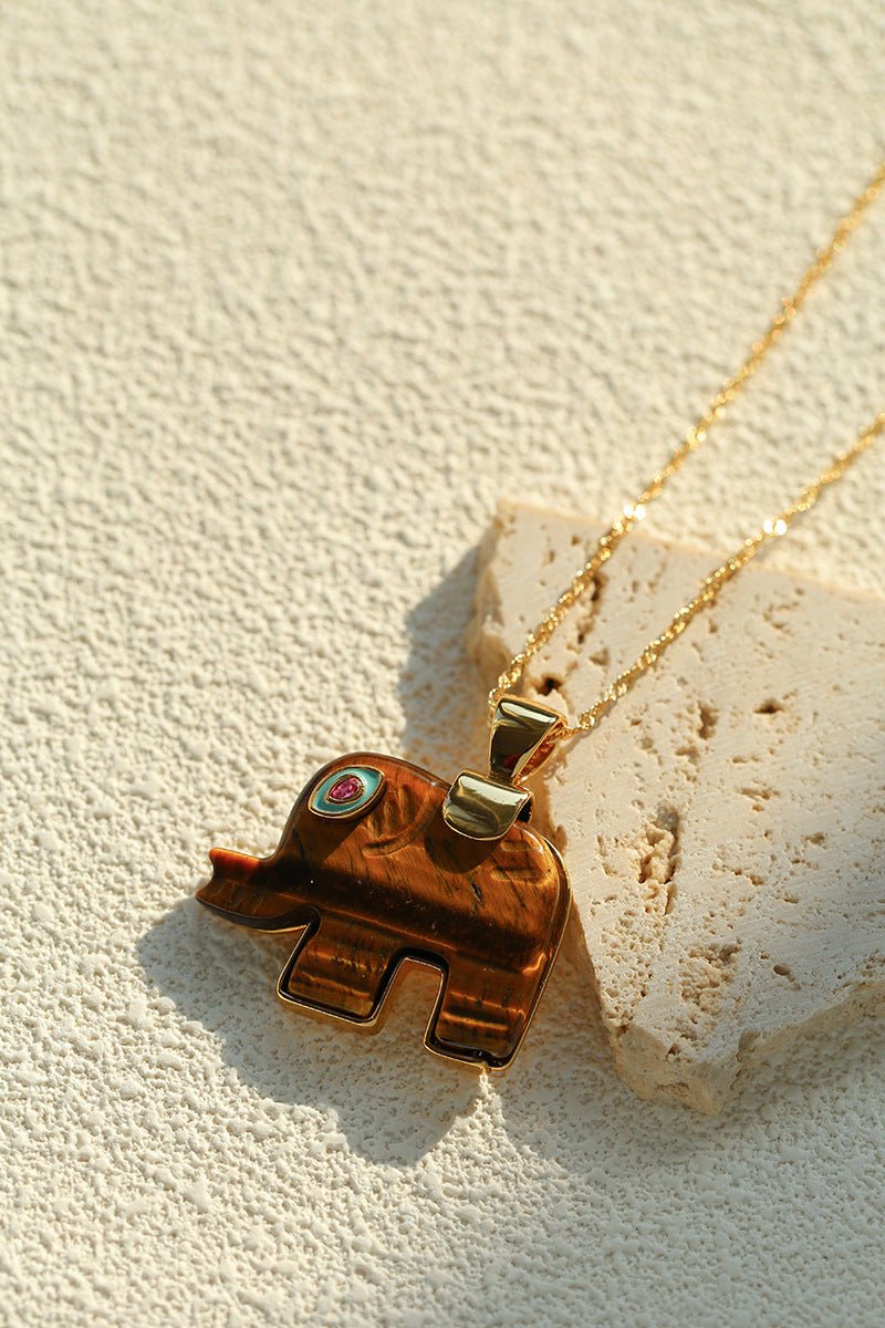 Natural Stone Elephant Pendant Necklace Tiger’s Eye / Green Aventurine - floysun