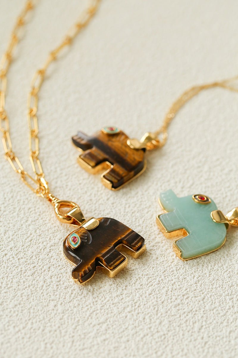 Natural Stone Elephant Pendant Necklace Tiger’s Eye / Green Aventurine - floysun