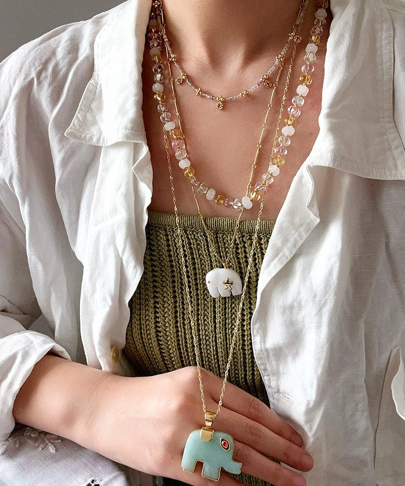 Natural Stone Elephant Pendant Necklace Tiger’s Eye / Green Aventurine - floysun