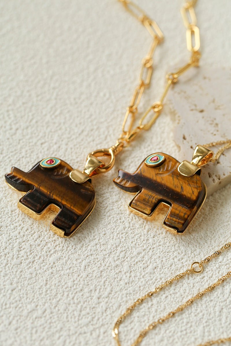 Natural Stone Elephant Pendant Necklace Tiger’s Eye / Green Aventurine - floysun