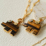 Natural Stone Elephant Pendant Necklace Tiger’s Eye / Green Aventurine - floysun